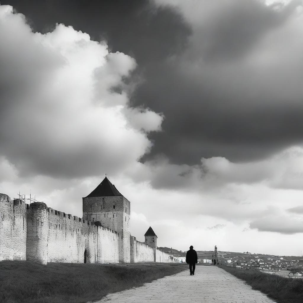 A black and white scene of Cluj with fortress walls on both sides under a semi-cloudy sky