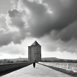 A black and white scene of Cluj with fortress walls on both sides under a semi-cloudy sky