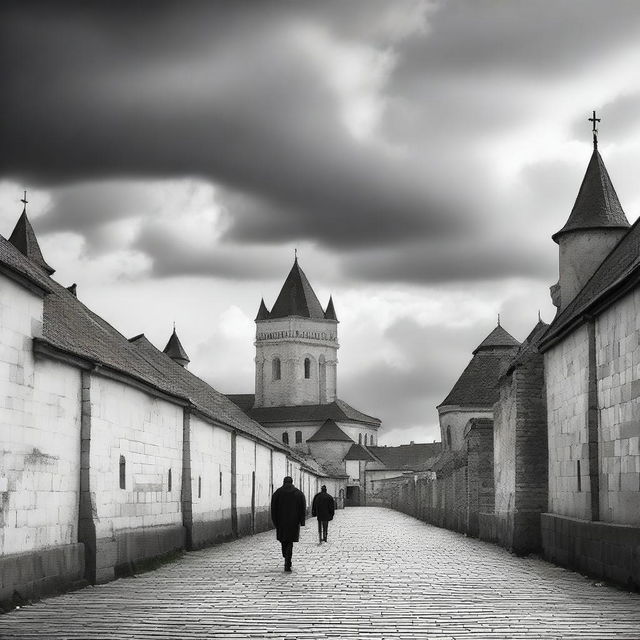 A black and white scene of Cluj with fortress walls on both sides under a semi-cloudy sky