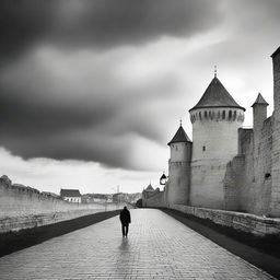 A black and white scene of Cluj with fortress walls on both sides under a semi-cloudy sky