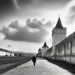 A black and white scene of Cluj with fortress walls on both sides under a semi-cloudy sky