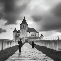 A black and white scene of Cluj with fortress walls on both sides under a semi-cloudy sky