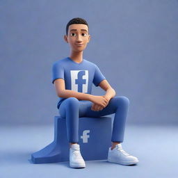 3D animated character in modern casual clothing sitting atop a three-dimensional Facebook logo. The character appears in a background of a social media profile with the user name 'Junaid Ahmed'.