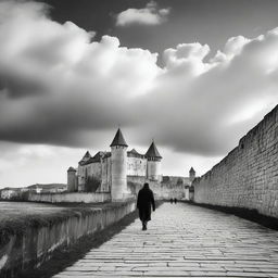 A black and white scene of Cluj with fortress walls on both sides under a semi-cloudy sky