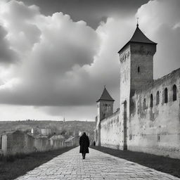 A black and white scene of Cluj with fortress walls on both sides under a semi-cloudy sky