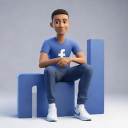 3D animated character in modern casual clothing sitting atop a three-dimensional Facebook logo. The character appears in a background of a social media profile with the user name 'Junaid Ahmed'.