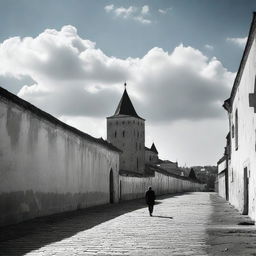 A black and white image of Cluj with fortress walls on both sides under a semi-cloudy pale blue sky