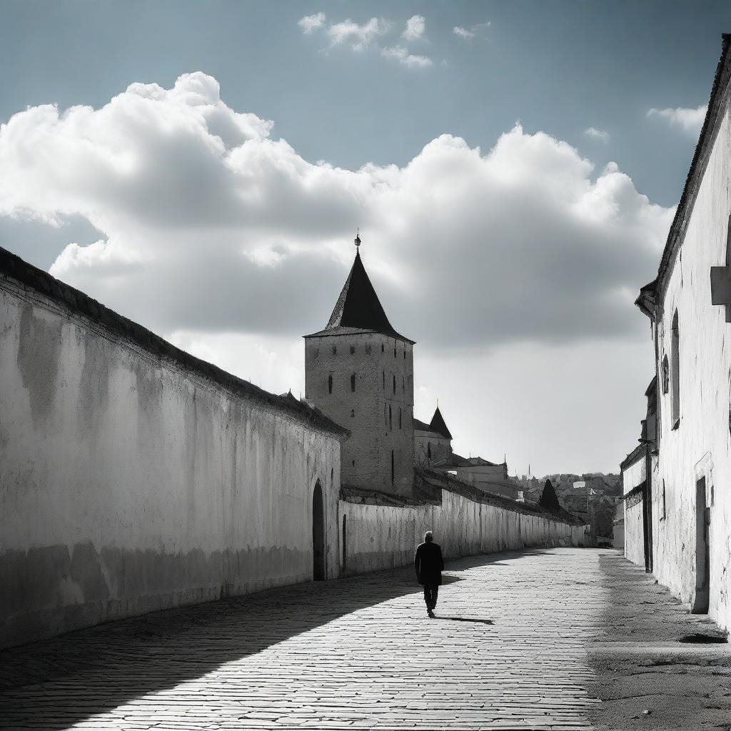 A black and white image of Cluj with fortress walls on both sides under a semi-cloudy pale blue sky