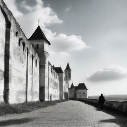 A black and white image of Cluj with fortress walls on both sides under a semi-cloudy pale blue sky