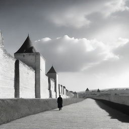 A black and white image of Cluj with fortress walls on both sides under a semi-cloudy pale blue sky