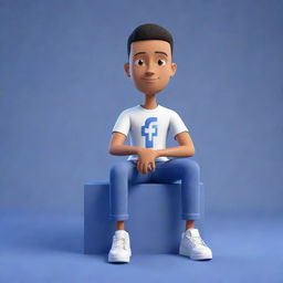 3D animated character in modern casual clothing sitting atop a three-dimensional Facebook logo. The character appears in a background of a social media profile with the user name 'Junaid Ahmed'.