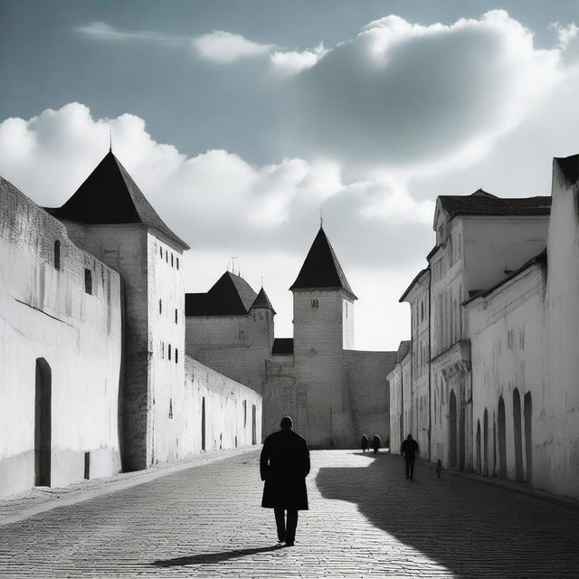 A black and white image of Cluj with fortress walls on both sides under a semi-cloudy pale blue sky