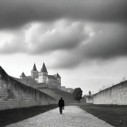 A black and white image of Cluj with fortress walls receding into the background under a semi-cloudy sky