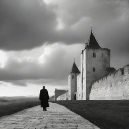 A black and white image of Cluj with fortress walls receding into the background under a semi-cloudy sky