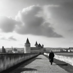 A black and white image of Cluj with fortress walls receding into the background under a semi-cloudy sky