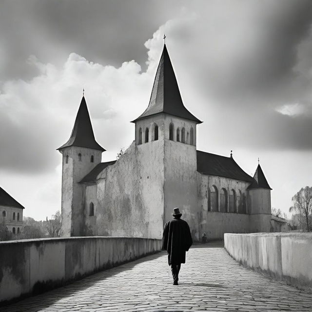 A black and white image of Cluj with fortress walls receding into the background under a semi-cloudy sky