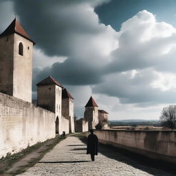 A scene of Cluj featuring fortress walls under a semi-cloudy sky