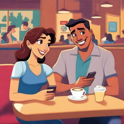 A woman and a man sitting together at a public coffee shop, with the woman watching and smiling at the man's phone