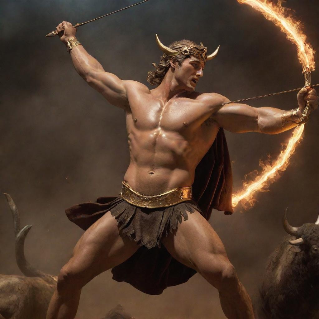 Apollo, the radiant god of Greek mythology, engaged in an epic battle, firing gleaming arrows to destroy a monstrous, dark-furred Minotaur.