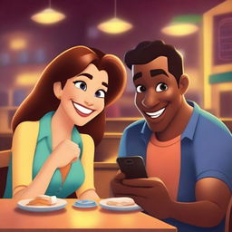 A woman and a man sitting together at a public coffee shop, with the woman watching and smiling at the man's phone