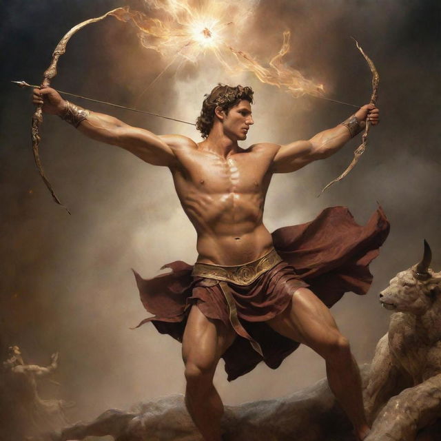 Apollo, the radiant god of Greek mythology, engaged in an epic battle, firing gleaming arrows to destroy a monstrous, dark-furred Minotaur.