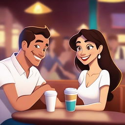 A woman and a man sitting together at a public coffee shop, with the woman watching and smiling at the man's phone