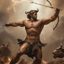 Apollo, the radiant god of Greek mythology, engaged in an epic battle, firing gleaming arrows to destroy a monstrous, dark-furred Minotaur.