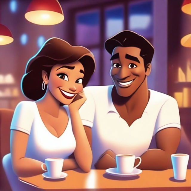 A woman and a man sitting together at a public coffee shop, with the woman watching and smiling at the man's phone