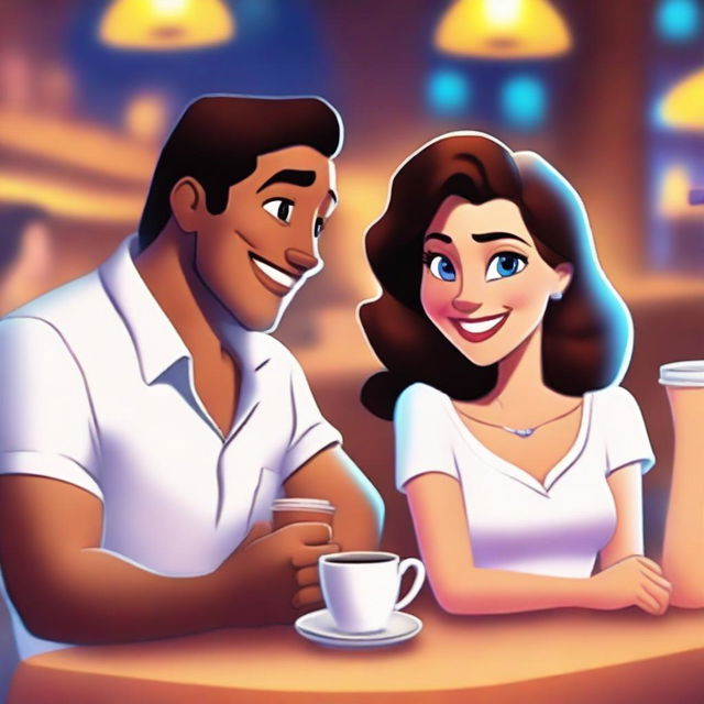 A woman and a man sitting together at a public coffee shop, with the woman watching and smiling at the man's phone