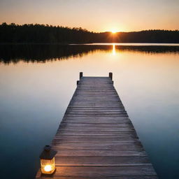 A serene lakeside scene at sunset, with the glowing sun reflected on the calm water surface. A wooden dock stretches over the water with a single lantern providing a warm, welcoming light.