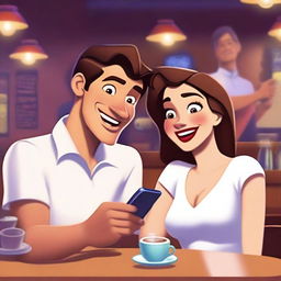 A woman and a man sitting together at a public coffee shop, with the woman watching and smiling at the man's phone