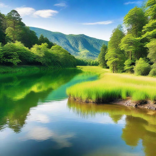 A serene landscape featuring a winding river flowing through lush green forests and rolling hills under a clear blue sky