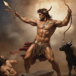 Apollo, the radiant god of Greek mythology, engaged in an epic battle, firing gleaming arrows to destroy a monstrous, dark-furred Minotaur.