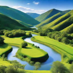 A serene landscape featuring a winding river flowing through lush green forests and rolling hills under a clear blue sky