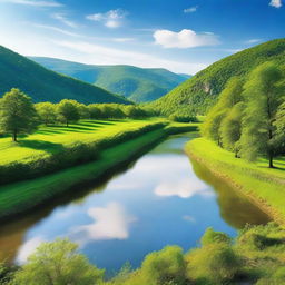 A serene landscape featuring a winding river flowing through lush green forests and rolling hills under a clear blue sky