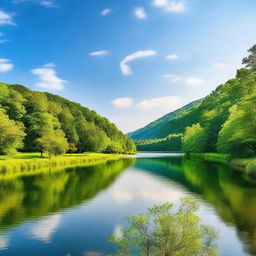 A serene landscape featuring a winding river flowing through lush green forests and rolling hills under a clear blue sky