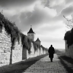 A black and white real image of Cluj on a semi-cloudy day, showcasing the historic fortress walls