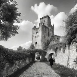 A black and white real image of Cluj on a semi-cloudy day, showcasing the historic fortress walls