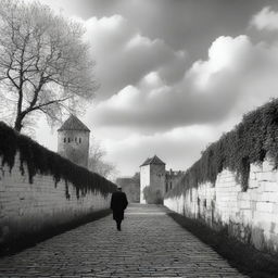 A black and white real image of Cluj on a semi-cloudy day, showcasing the historic fortress walls