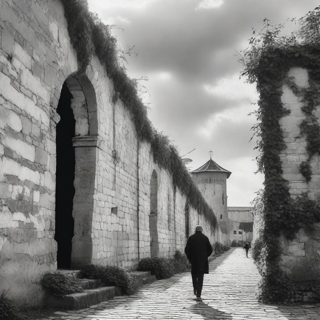 A black and white real image of Cluj on a semi-cloudy day, showcasing the historic fortress walls