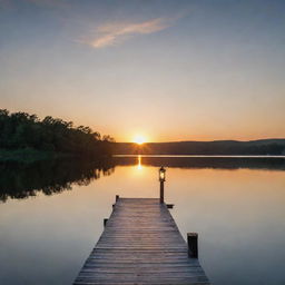 A serene lakeside scene at sunset, with the glowing sun reflected on the calm water surface. A wooden dock stretches over the water with a single lantern providing a warm, welcoming light.