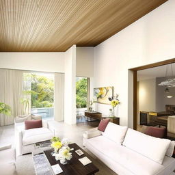 Envision an 8m by 6m living room with a soaring double-volume ceiling, adorned with elegant contemporary furniture, large sunlight-allowing windows, and tastefully selected decor that exudes warmth and luxury