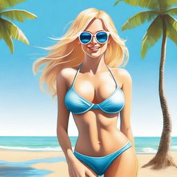 A realistic depiction of a blonde girl wearing a bikini and sunglasses, striking a sexy pose on a beach with the ocean in the background