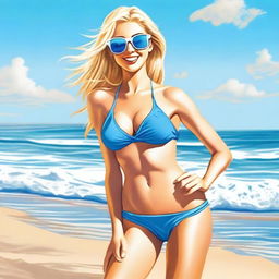 A realistic depiction of a blonde girl wearing a bikini and sunglasses, striking a sexy pose on a beach with the ocean in the background