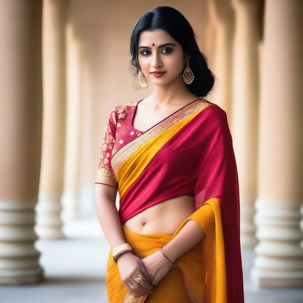 A woman wearing a stylish and elegant saree, posing gracefully