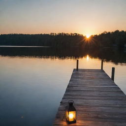 A serene lakeside scene at sunset, with the glowing sun reflected on the calm water surface. A wooden dock stretches over the water with a single lantern providing a warm, welcoming light.