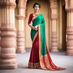 A woman wearing a stylish and elegant saree, posing gracefully