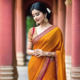 A woman wearing a stylish and elegant saree, posing gracefully