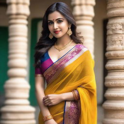 A woman wearing a stylish and elegant saree, posing gracefully