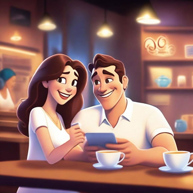 A woman and a man sitting together at a public coffee shop, with the woman watching and smiling at the man's phone